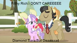 Size: 640x361 | Tagged: apple bloom, applejack, bunny ears, caption, derpibooru import, diamond tiara, duo focus, edit, edited screencap, family appreciation day, filthy rich, happy wheels, image macro, irresponsible dad, pewdiepie, safe, screencap, text