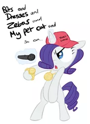 Size: 711x977 | Tagged: dead source, safe, artist:shoutingisfun, artist:tess, derpibooru import, rarity, pony, bipedal, bling, chains, floppy ears, gangsta, gangster, gold chains, hair over one eye, hat, magic, microphone, open mouth, rapper, rapping, solo, telekinesis, watch