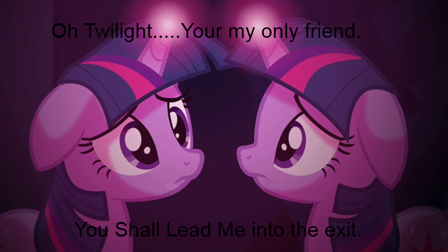 Size: 640x360 | Tagged: a canterlot wedding, cave, clone, derpibooru import, edit, edited screencap, floppy ears, grammar, light spell, reflection, safe, screencap, selfcest, self ponidox, shipping, twilight sparkle