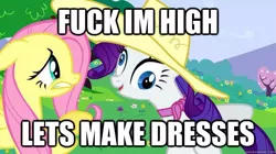 Size: 625x349 | Tagged: caption, derpibooru import, drugs, fluttershy, fuck i'm high, high, image macro, rarijuana, rarity, safe, text, vulgar