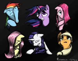 Size: 1280x1003 | Tagged: applejack, artist:tetrapony, black background, bust, crying, crying fluttershy, derpibooru import, eyes closed, floppy ears, fluttercry, fluttershy, gritted teeth, hair over one eye, mane six, messy mane, open mouth, pinkie pie, portrait, rainbow dash, rarity, sad, safe, simple background, twilight sparkle, wide eyes, windswept mane