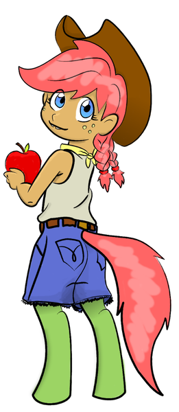 Size: 654x1501 | Tagged: apple, artist:dj-black-n-white, bucktooth, clothes, cute, derpibooru import, food, hybrid, oc, oc:cinnamon cider, offspring, parent:applejack, pigtails, safe, satyr, unofficial characters only, what has science done