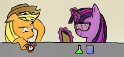 Size: 1080x500 | Tagged: applejack, artist:jayhaladyna, beaker, chemicals, clipboard, derpibooru import, magic, safe, safety goggles, science, twilight sparkle