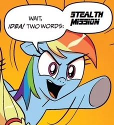 Size: 334x366 | Tagged: applejack, comic, derpibooru import, exploitable meme, meme, metal gear, obligatory pony, rainbow dash, safe, two words meme