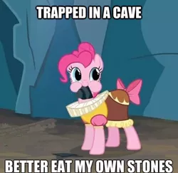 Size: 500x486 | Tagged: bear grylls, caption, chancellor puddinghead, cute, derpibooru import, diapinkes, eating, edit, edited screencap, hearth's warming eve, hearth's warming eve (episode), image macro, mouth hold, pica, pinkie pie, rock, safe, screencap, stone, text