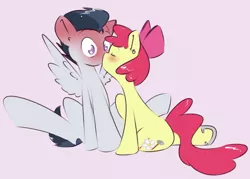 Size: 1304x933 | Tagged: apple bloom, artist:kryptchild, blushing, cute, cutie mark, derpibooru import, ear piercing, earring, female, horseshoes, jewelry, kissing, male, older, piercing, request, rumble, rumbloom, safe, shipping, spread wings, straight, wingboner, wings