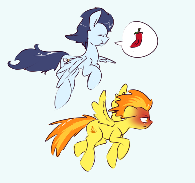 Size: 1349x1271 | Tagged: suggestive, artist:kryptchild, derpibooru import, soarin', spitfire, pegasus, pony, blushing, female, flying, food, implied cunnilingus, implied oral, implied sex, male, mare, pepper, request, shipping, soarinfire, stallion, straight