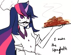 Size: 1126x876 | Tagged: artist:ghost, chef, chef's hat, derpibooru import, facial hair, food, hat, horn, horned humanization, human, humanized, moustache, pasta, safe, spaghetti, twilight sparkle