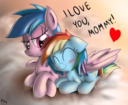 Size: 1247x1027 | Tagged: safe, artist:ziemniax, derpibooru import, firefly, rainbow dash, pegasus, pony, blushing, duo, female, filly, firefly as rainbow dash's mom, foal, g1, g1 to g4, g4, generation leap, heart, hug, mare, mother, mother and child, mother and daughter, winghug