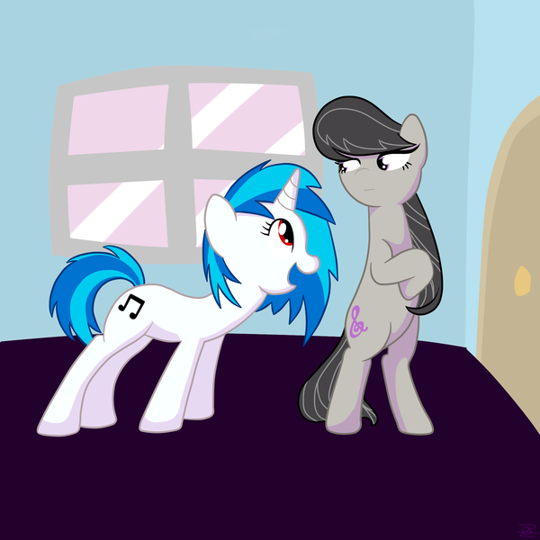 Size: 2000x2000 | Tagged: safe, artist:zoeezoee, derpibooru import, octavia melody, vinyl scratch, pony, bipedal, door, female, lesbian, scratchtavia, shipping, window