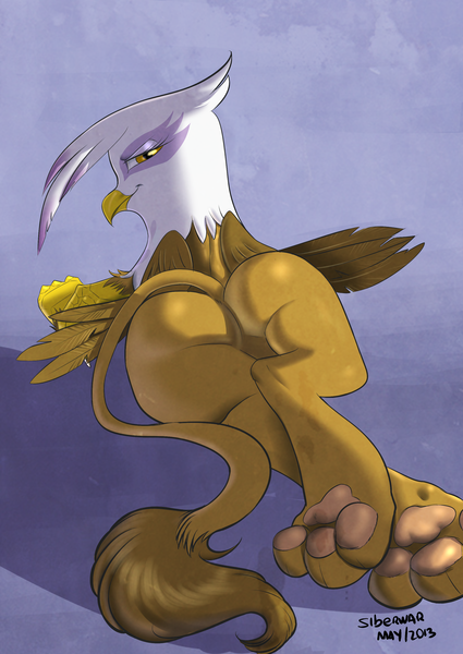 Size: 2149x3035 | Tagged: suggestive, artist:siberwar, derpibooru import, gilda, gryphon, bedroom eyes, butt, female, looking at you, looking back, paws, plot, raised tail, signature, solo, solo female, tail