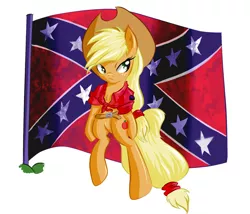 Size: 922x789 | Tagged: safe, artist:snus-kun, derpibooru import, applejack, pony, belt, bipedal, blouse, confederate, confederate flag, flag, solo