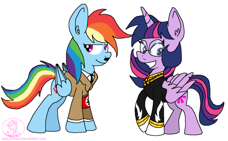 Size: 1342x828 | Tagged: safe, artist:daisy-dictator, derpibooru import, rainbow dash, twilight sparkle, twilight sparkle (alicorn), alicorn, pony, adolf hitler, clothes, cosplay, costume, female, hirohito, mare