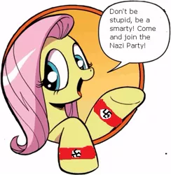 Size: 421x431 | Tagged: bad advice fluttershy, derpibooru import, exploitable meme, fluttershy, mel brooks, meme, nazi, open mouth, safe, smiling, solo, springtime for hitler, swastika, the producers, to be or not to be