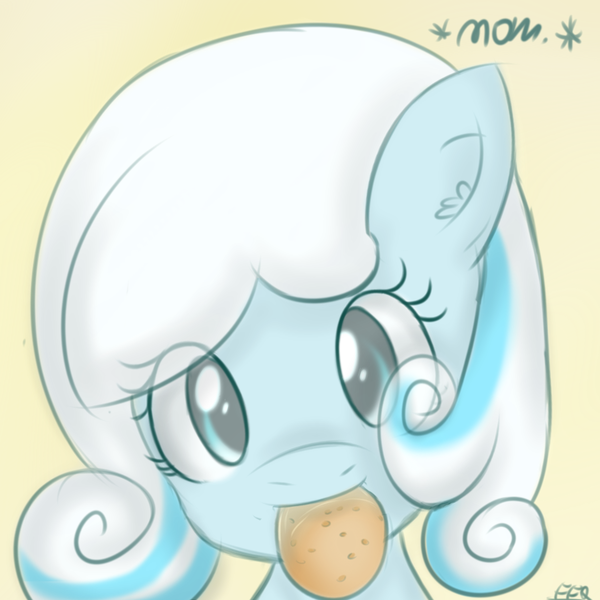 Size: 900x900 | Tagged: artist:freefraq, bust, cookie, cute, derpibooru import, food, head tilt, looking at you, mouth hold, nom, oc, oc:snowdrop, portrait, safe, smiling, snowbetes, solo, unofficial characters only
