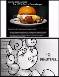 Size: 537x700 | Tagged: bacon, burger, cheeseburger, derpibooru import, exploitable meme, food, hamburger, meat, meme, safe, sweetie belle, that is beautiful, what has science done