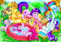 Size: 2500x1721 | Tagged: safe, artist:agenthisui, derpibooru import, applejack, fluttershy, pinkie pie, rainbow dash, rarity, spike, twilight sparkle, butterfly, dragon, earth pony, pegasus, pony, unicorn, :o, :p, :t, barbeque, basket, blowing bubbles, cooking, corn, cute, ear fluff, female, flower, flying, food, grass, grill, hoof hold, lidded eyes, looking back, male, mane seven, mane six, mare, on back, open mouth, outdoors, picnic, picnic basket, picnic blanket, pinkie being pinkie, plate, silly, sitting, smiling, splashing, spread wings, summer, swimming pool, tongue out, underhoof, underwater, unicorn twilight, water, wide eyes, wing fluff, wings