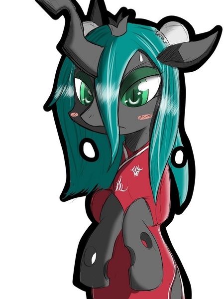 Size: 615x820 | Tagged: artist:hamuchiki, bipedal, blushing, changeling, changeling queen, cheongsam, chinese text, clothes, derpibooru import, dress, female, pixiv, queen chrysalis, safe, solo