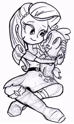 Size: 525x876 | Tagged: safe, artist:jowybean, derpibooru import, rarity, spike, dog, equestria girls, boots, bracelet, clothes, high heel boots, jewelry, monochrome, shoes, skirt, spike the dog