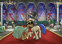 Size: 1316x938 | Tagged: artist:paperpony, clothes, cosmic spark, dancing, derpibooru import, dress, formal, gala, hat, oc, prom, safe, stained glass, suit, top hat, unofficial characters only