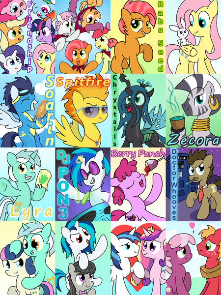 Size: 2400x3200 | Tagged: safe, artist:041744, derpibooru import, angel bunny, apple bloom, applejack, babs seed, berry punch, berryshine, big macintosh, bon bon, cheerilee, doctor whooves, fluttershy, lyra heartstrings, octavia melody, pinkie pie, princess cadance, queen chrysalis, rainbow dash, rarity, scootaloo, shining armor, soarin', spitfire, sweetie belle, sweetie drops, time turner, twilight sparkle, twilight sparkle (alicorn), vinyl scratch, zecora, alicorn, pony, zebra, cheerimac, cutie mark crusaders, doctor who, female, food, heart, male, mane six, mare, necktie, pie, shiningcadance, shipping, sonic screwdriver, straight, tardis