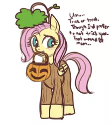 Size: 400x448 | Tagged: artist:lulubell, clothes, costume, derpibooru import, female, filly, fluttershy, fluttertree, halloween, holiday, jack-o-lantern, mouth hold, pumpkin, pumpkin bucket, safe, simple background, solo, tree, tree costume, trick or treat, white background