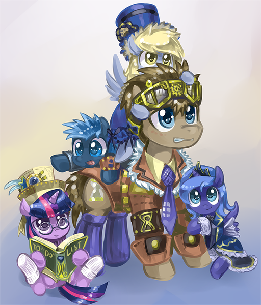 Size: 683x800 | Tagged: safe, artist:saturnspace, derpibooru import, derpy hooves, doctor whooves, princess luna, star hunter, time turner, twilight sparkle, ponified, pony, clockwise whooves, :p, book, clockpunk, clothes, cute, dress, female, filly, glasses, goggles, gritted teeth, hat, hug, jack harkness, pony hat, reading, smiling, tongue out, woona, younger