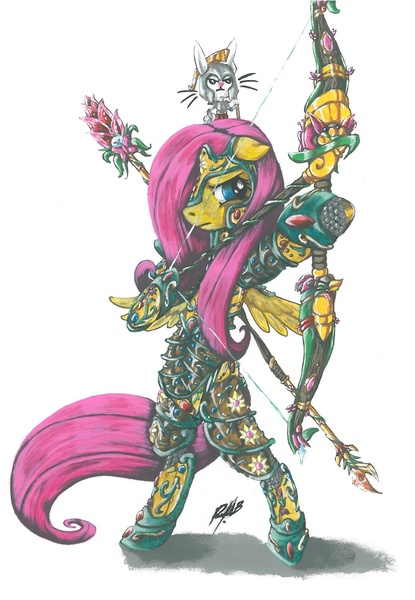 Size: 1424x2060 | Tagged: safe, artist:darka01, derpibooru import, angel bunny, fluttershy, pony, armor, arrow, badass, bipedal, bow (weapon), bow and arrow, floppy ears, flutterbadass, jewelry, weapon