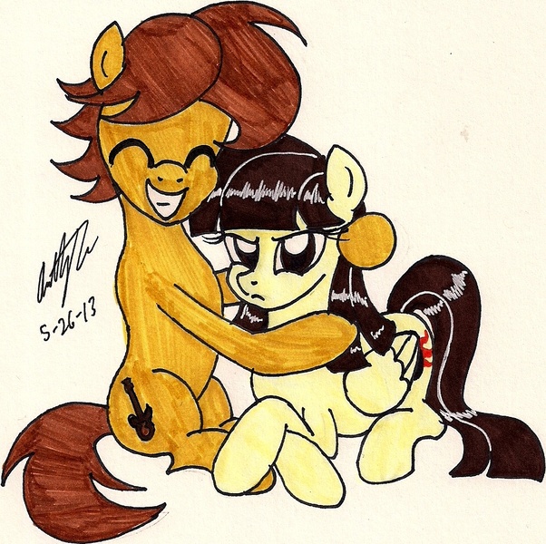 Size: 979x976 | Tagged: artist:newyorkx3, derpibooru import, female, grump, hug, male, mandofire, oc, oc:mandopony, safe, shipping, simple background, straight, traditional art, wild fire