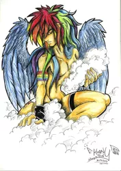 Size: 1659x2338 | Tagged: suggestive, artist:mimy92sonadow, derpibooru import, rainbow dash, human, breasts, humanized, male, rainbow blitz, rule 63, solo, solo male, strategically covered, winged humanization, wings