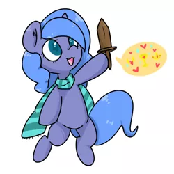 Size: 800x800 | Tagged: safe, artist:pegacornss, derpibooru import, princess luna, pony, bipedal, clothes, cute, female, filly, foal, hanatamaguu, scarf, simple background, solo, sword, weapon, wooden sword, woona, younger