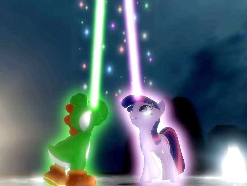 Size: 795x600 | Tagged: 3d, artist:icepony64, aura, beam, crossover, derpibooru import, glow, glowing horn, gmod, horn, magic, nintendo, paint.net, safe, super mario bros., twilight sparkle, yoshi, yoshilight