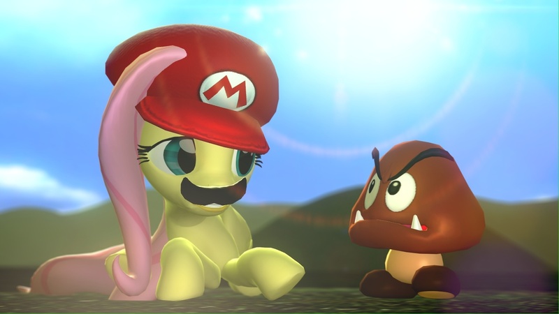 Size: 1366x768 | Tagged: 3d, artist:legoguy9875, clothes, contest, cosplay, costume, crossover, derpibooru import, facial hair, fluttershy, gmod, goomba, hat, mario, moustache, nintendo, safe, source filmmaker, super mario bros.