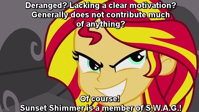 Size: 640x360 | Tagged: safe, derpibooru import, edit, edited screencap, screencap, sunset shimmer, equestria girls, equestria girls (movie), caption, character analysis, demo reel, evil grin, grin, image macro, meta, smiling, solo, text