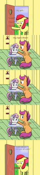 Size: 725x3125 | Tagged: apple bloom, artist:pvryohei, ask, ask apple bloom and diamond tiara, card, cutie mark crusaders, derpibooru import, sad, safe, scootaloo, sweetie belle, tumblr