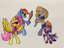 Size: 1280x960 | Tagged: artist:adurot, ask-pony-kirby, derpibooru import, eyepatch, fluttershy, ninja, oc, pirate, rainbow dash, safe, sword, traditional art, weapon