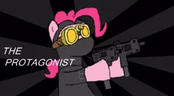 Size: 806x446 | Tagged: safe, artist:cyberagent369, derpibooru import, pinkie pie, pony, crossover, dual wield, female, gun, guns akimbo, hank j. wimbleton, madness combat, mare, ninja, solo, uzi, weapon