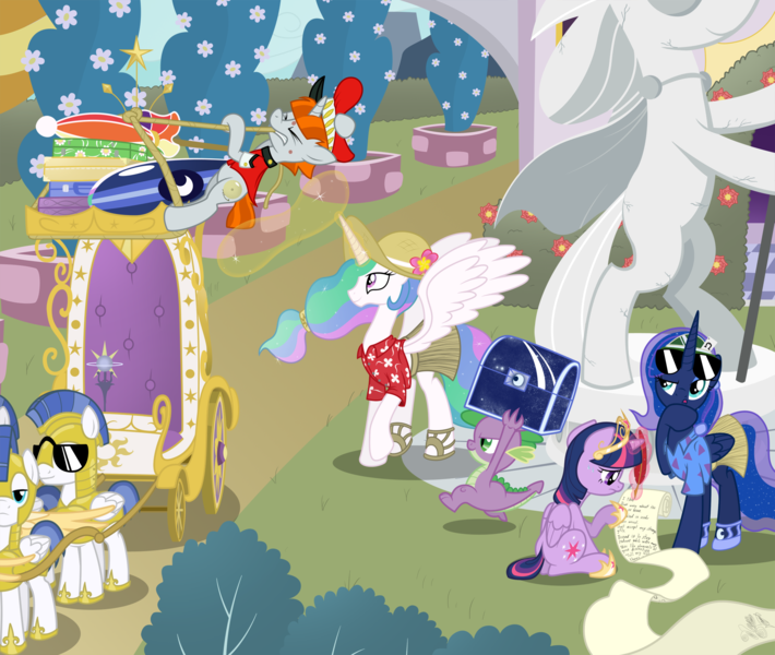 Size: 2219x1875 | Tagged: safe, artist:niggerfaggot, derpibooru import, bags valet, princess celestia, princess luna, spike, twilight sparkle, twilight sparkle (alicorn), alicorn, pony, alternate hairstyle, atlas, bellhop pony, chariot, clothes, commission, crown, fake screencap, female, grass skirt, hat, hawaiian shirt, heavy load, hilarious in hindsight, jewelry, list, mare, ponytail, regalia, rocko's modern life, royal guard, sandals, shirt, skirt, sluggage, statue, suitcase, sun hat, sunglasses, surfboard, throne, trunk, umbrella, vacation, visor