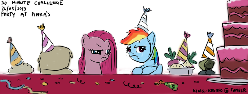 Size: 1280x484 | Tagged: 30 minute art challenge, artist:king-kakapo, cake, derpibooru import, food, madame le flour, mr. turnip, pinkamena diane pie, pinkie pie, rainbow dash, rocky, safe, sir lintsalot, streamers