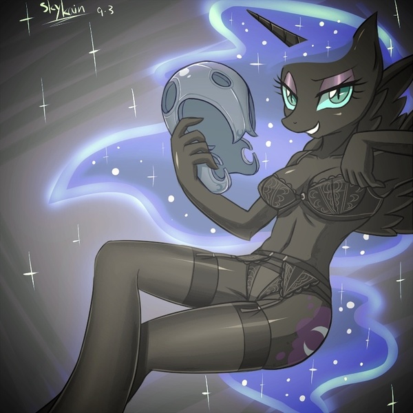 Size: 800x800 | Tagged: anthro, armpits, artist:skykain, bra, breasts, clothes, derpibooru import, edit, female, helmet, lingerie, nightmare moon, panties, sexy, socks, solo, solo female, stupid sexy nightmare moon, suggestive, thigh highs, underwear