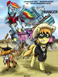 Size: 1654x2183 | Tagged: artist:meganekkoplymouth241, braeburn, derpibooru import, little strongheart, lone ranger, mask, rainbow dash, safe, train