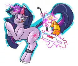 Size: 1280x1081 | Tagged: suggestive, artist:emcee-ironchef, derpibooru import, twilight sparkle, bedroom eyes, bondage, bottle, clothes, female, fluffy, happy bondage, licking, licking lips, magic, riding crop, scarf, smiling, solo, solo female, tail, tail pull, telekinesis, tongue out, whipping