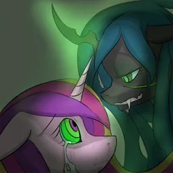 Size: 2000x2000 | Tagged: artist:pogans, blank expression, bruised, crying, derpibooru import, enslaved, eye contact, eyelashes, hypnosis, hypnotized, kaa eyes, lidded eyes, looking at each other, mind control, princess cadance, queen chrysalis, semi-grimdark, subdance, submissive, this may end in pregnancy, this will not end well, trance