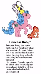 Size: 550x1000 | Tagged: safe, derpibooru import, official, princess primrose, sparks (g1), dragon, earth pony, g1, image, jpeg, my little pony fact file, open mouth, princess pony, princess ruby, rearing, text