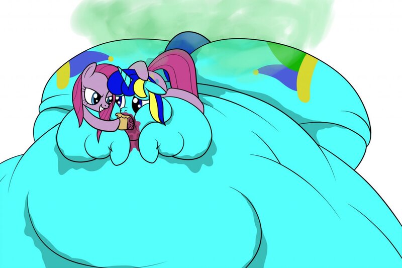 Size: 1280x853 | Tagged: suggestive, artist:calorie, derpibooru import, pinkie pie, oc, oc:jester bells, pony, canon x oc, fart, fat, feeder pinkie, feeding, food, immobile, inflation, morbidly obese, obese, pie, pinkamena diane pie