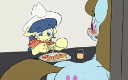 Size: 1280x804 | Tagged: apple family member, artist:fiddlearts, beauty brass, blushing, derpibooru import, eating, fiddlesticks, fiddlesticks-answers, food, meat, pepperoni, pepperoni pizza, pizza, safe, table