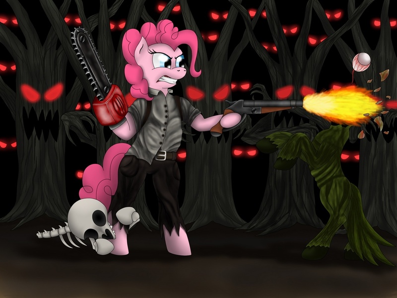 Size: 1280x960 | Tagged: semi-grimdark, artist:8aerondight8, derpibooru import, pinkie pie, pony, undead, zombie, zombie pony, army of darkness, chainsaw, deadite, evil dead, gun, shooting, shotgun, weapon