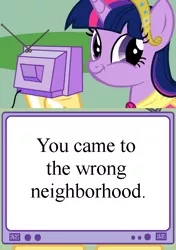 Size: 564x800 | Tagged: safe, derpibooru import, twilight sparkle, twilight sparkle (alicorn), alicorn, pony, exploitable meme, faic, female, mare, meme, obligatory pony, smirk, tv meme, twiface, wrong neighborhood