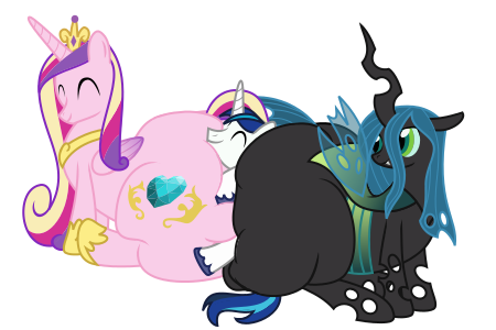 Size: 450x300 | Tagged: artist:kdogfour, bugbutt, butt, changeling, chubby, derpibooru import, fat, huge butt, impossibly large butt, impossibly wide hips, large butt, lovebutt, lucky bastard, morbidly obese, obese, plot, princess cadance, princess decadence, queen chrysalard, queen chrysalis, shining armor, smiling, squish, suggestive, the ass was fat, wide hips