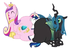 Size: 450x300 | Tagged: artist:kdogfour, bugbutt, butt, changeling, chubby, derpibooru import, fat, huge butt, impossibly large butt, impossibly wide hips, large butt, lovebutt, lucky bastard, morbidly obese, obese, plot, princess cadance, princess decadence, queen chrysalard, queen chrysalis, shining armor, smiling, squish, suggestive, the ass was fat, wide hips